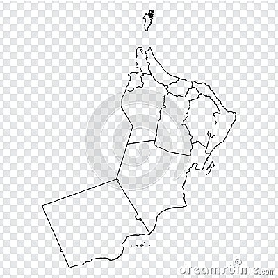 Blank map Oman. High quality map of Oman with provinces on transparent background for your web site design, logo, app, UI. Vector Illustration